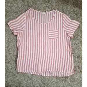 Christian Siriano 100% Linen Top Red/White Striped Short Sleeve Size Large